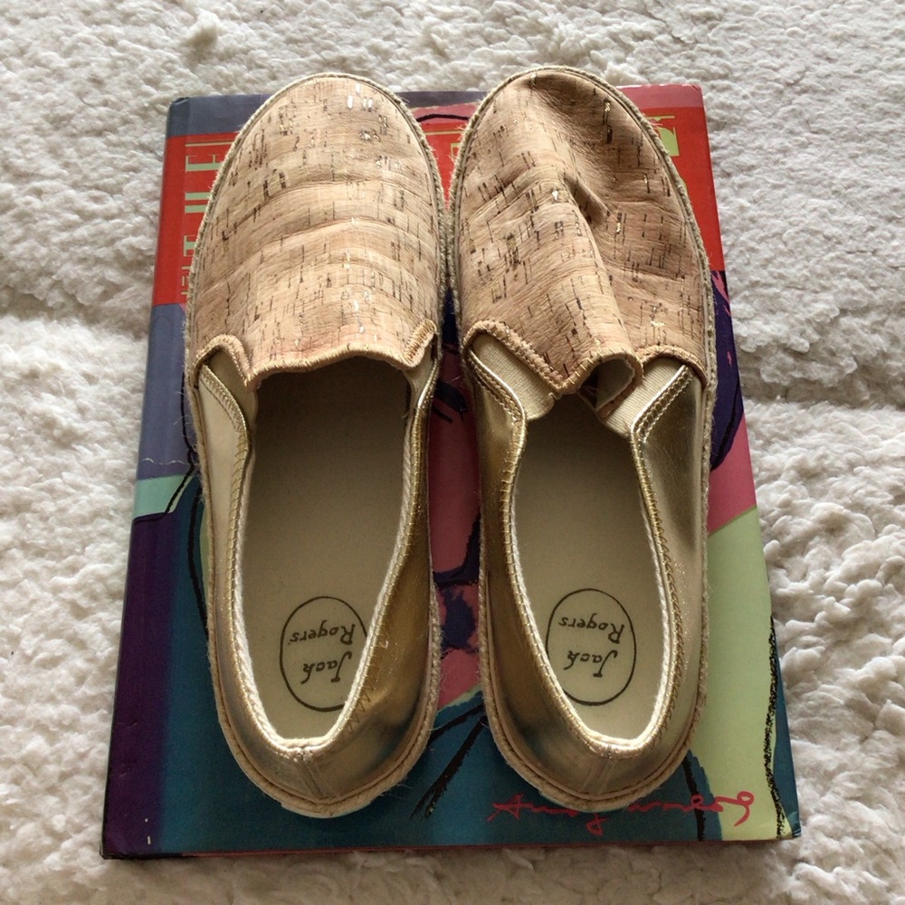 Jack Rogers Gold Metallic Leather and Cork Walking Flats Boat Deck Shoes